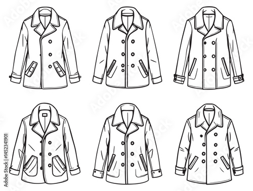 Detailed Peacoat Style Line Art Design for Stock Graphics