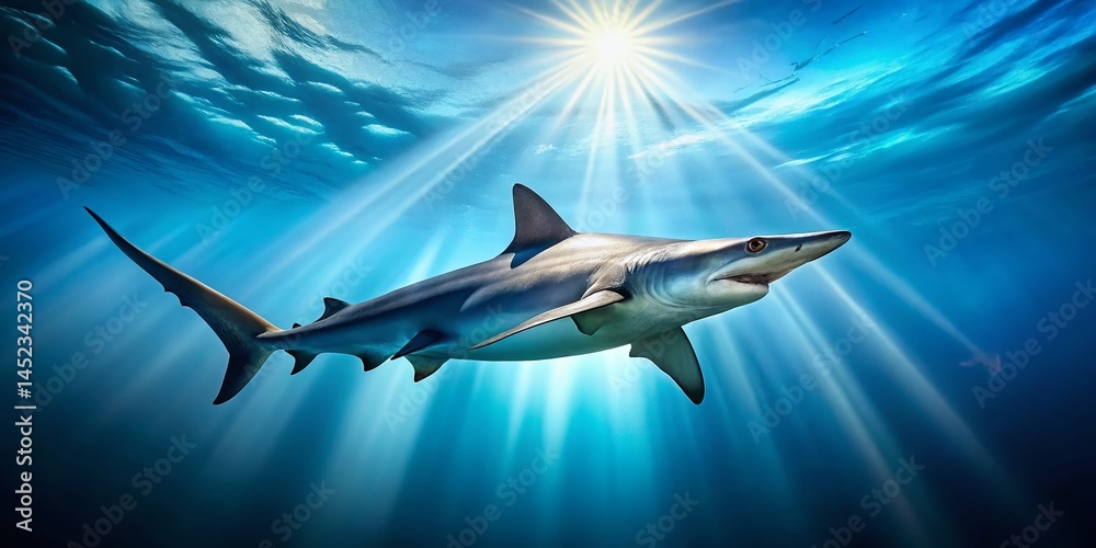 Obraz premium Majestic Shark Swimming in Crystal Clear Blue Ocean Water - Stock Photo