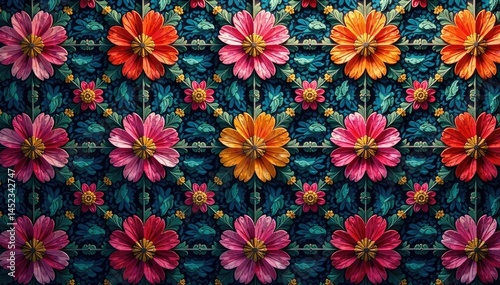 Intricate floral motif within a repeating hexagonal grid , seamless, plant