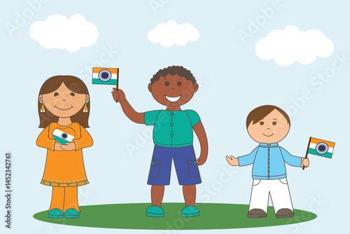 Children holding Indian flag vector, girl in national costume, India, children, flag, summer, happy children, Indian Independence Day