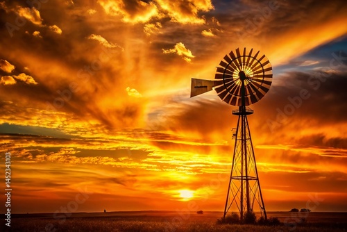 Majestic Windmill Silhouette at Golden Hour Sunset