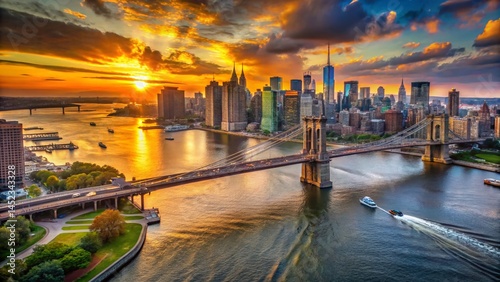 Manhattan Skyline & Brooklyn Bridge Sunset Aerial View - NYC