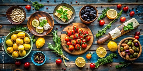 Obraz na płótnie Mediterranean Diet Ingredients Flat Lay: Healthy Food Photography w salonie
