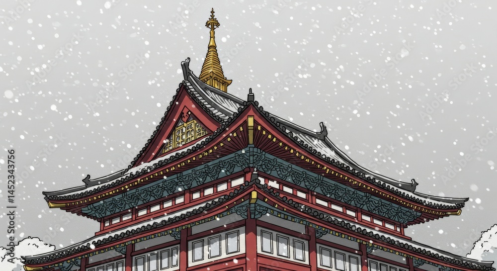 Fototapeta premium Detailed illustration of Asian architectural corner with falling snow backdrop