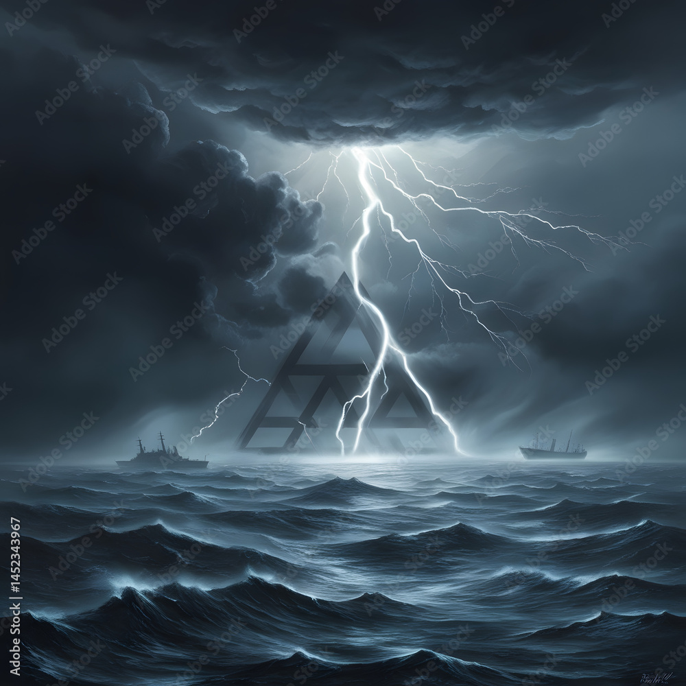Fototapeta premium Stormy ocean scene of the Bermuda Triangle with lightning, dark clouds, mysterious triangle glow, ship, and planes, evoking mystery and danger. Perfect for thriller themes. AI generative