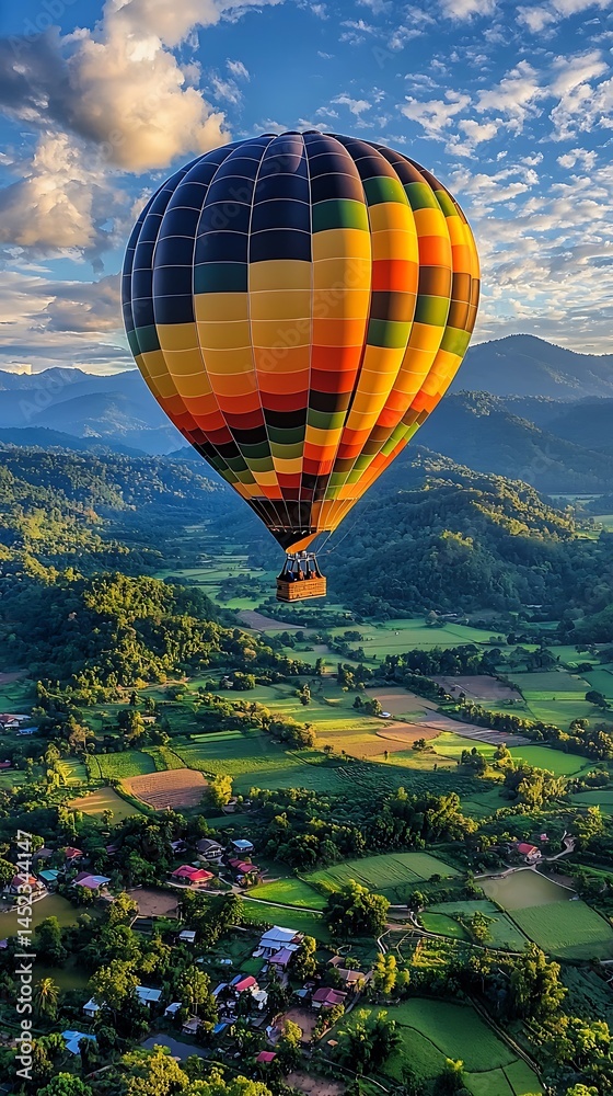 Fototapeta premium Colorful Hot Air Balloon Over Scenic Landscape