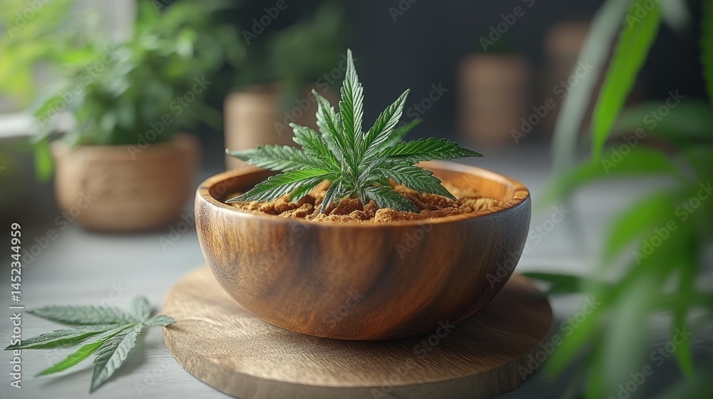 Wooden bowl filled with cannabis flower Wooden bowl filled with cannabis flower