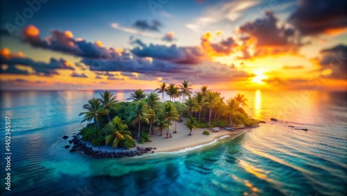 Miniature Island Sunset: Drone View, Tilt-Shift Photography