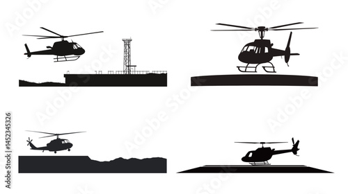 Black silhouette of a helicopter taking off with spinning rotor blades, dynamic lift motion, aviation concept, isolated vector icon with minimal style for transportation and military themes.