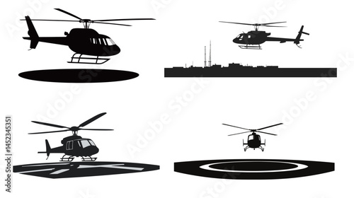 Black silhouette of a helicopter taking off with spinning rotor blades, dynamic lift motion, aviation concept, isolated vector icon with minimal style for transportation and military themes.