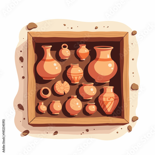 Distinct pottery pieces arranged in wooden box, archaeological discovery