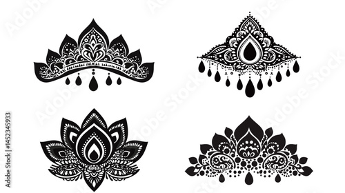 Bold black silhouette of a layered mandala with intricate radial symmetry, decorative floral pattern, geometric spiritual symbol, and traditional ornamental design in detailed vector format.
