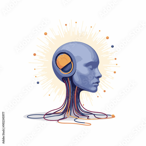 Sleek robotic head connected to colorful wires, technological connection