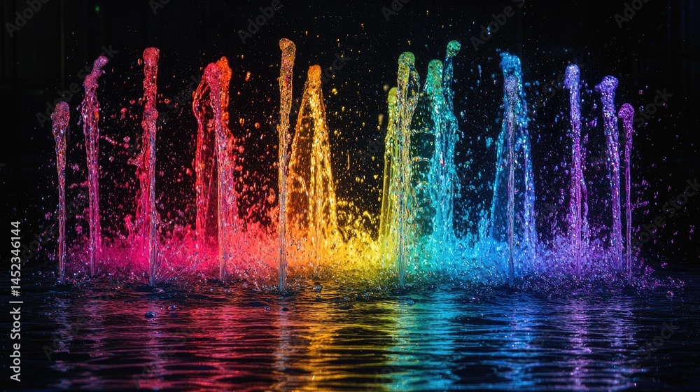 Obraz premium Colorful water jets reflecting vibrant hues on dark surface.