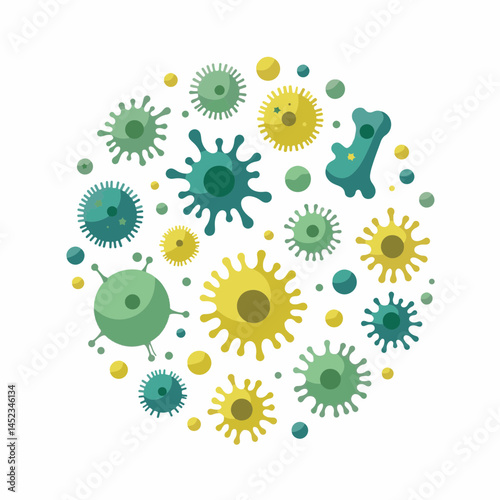 Vibrant gut bacteria illustration with diverse shapes and sizes, microbiome