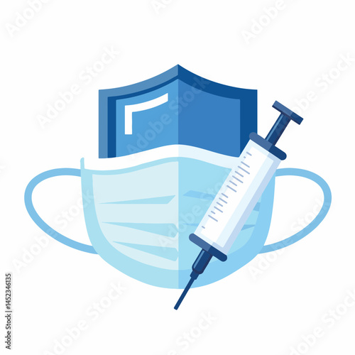Mask and syringe symbolizing health protection with shield icon, safety