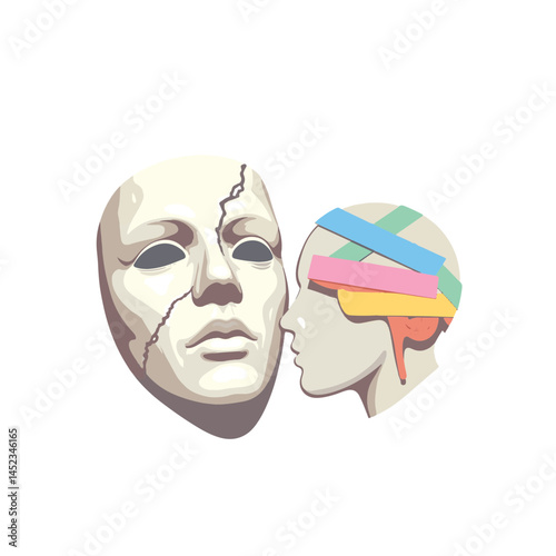 Symbolic broken mask and colorful brain, vulnerability and healing