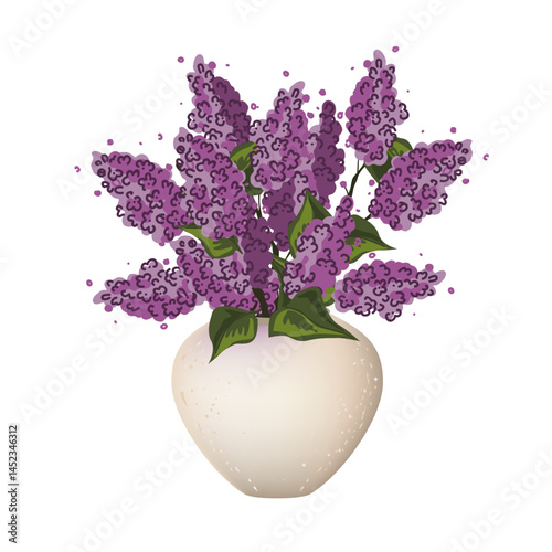 Bunch of lilac brunches in vintage clay jug. Purple lilac bouquet. Vector isolated illustration.