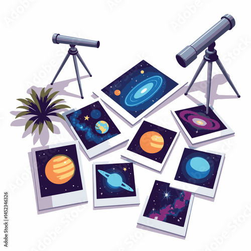 Exploring space through vibrant photo printouts on white table, discovery
