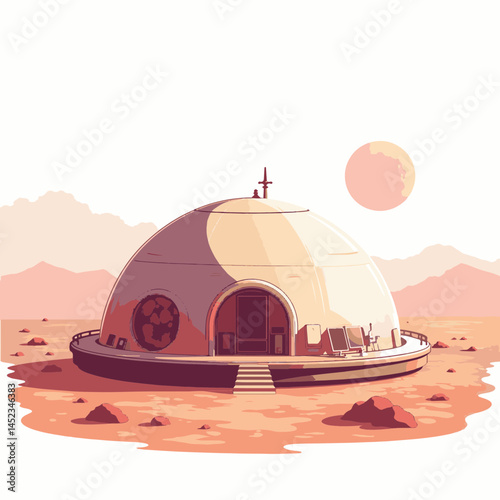 Martian habitat illustration on rocky landscape, sustainable living