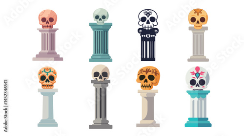 Ancient skull placed on top of a classical Greek column in vector graphic style. Symbolic composition blending death, history, and ancient architecture for philosophical, gothic,