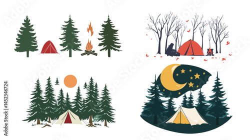 Flat style vector illustration of camping in forest with tent, trees, bonfire, and mountains in background. Outdoor adventure concept for hiking, tourism, summer travel, backpacking, and wilderness 
