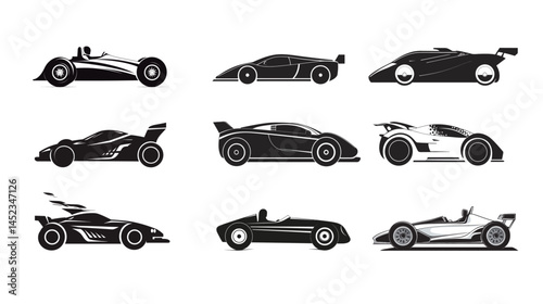 Black and white racing car vector graphic illustration, featuring sleek design and dynamic lines, capturing speed, power, and competitive energy in a minimalist style.