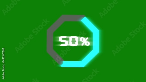 Progress bar from 0 to 100 percent with blue hexagonal radial ring horizontal loading bar white loading circle on black alpha and green screen seamless loop animation