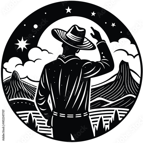 Vintage Cowboy Silhouette Under Starry Night Sky Western Landscape Illustration