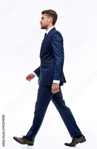 Full length side view portrait of a businessman in suit walking confidently isolated on white background. Male office worker professional attire