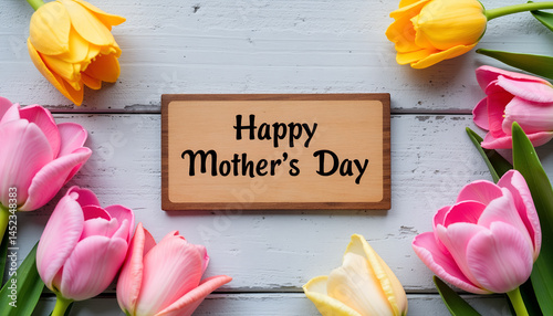 Happy Mother's Day sign surrounded by colorful tulips  