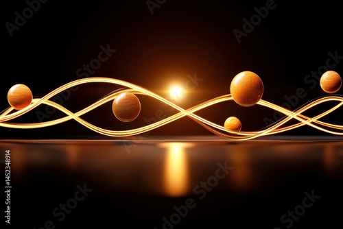 Abstract glowing waves and spheres with a bright light source on a reflective surface, evoking a sense of energy and motion.