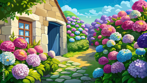 Between old stones and sunlit ways,
Hydrangeas charm the summer days.
Brittany’s grace in floral form,
A peaceful bloom in nature’s warm.