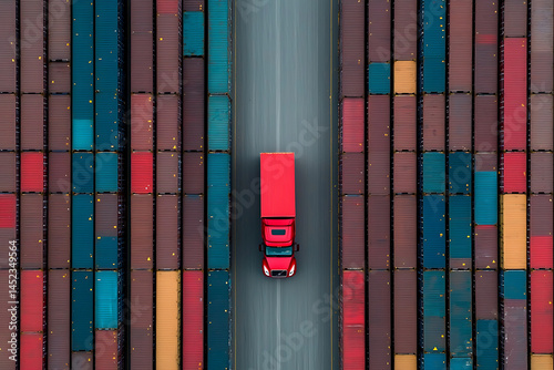 Red Truck with Shipping Containers, and Aerial.