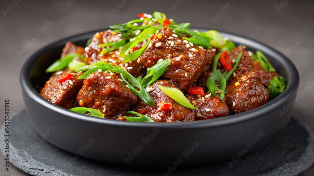 A bowl of spicy beef bulgogi with gochujang glaze on a dark stone platter under soft spotlight with room for text overlay
