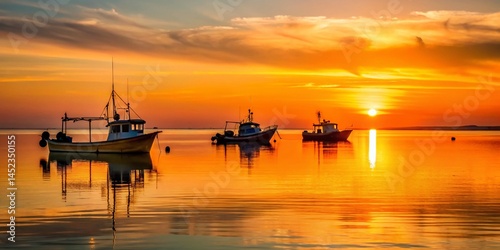 Minimalist Sunset Fishing Boats: Serene Coastal Scene at Golden Hour