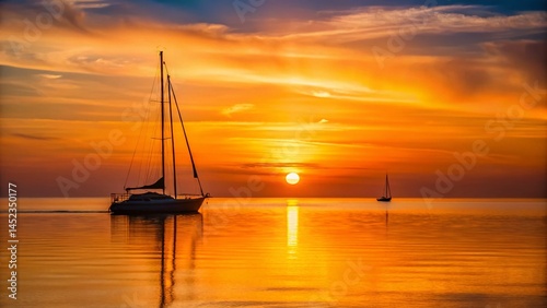 Minimalist Sunset Sailboat: Serene Ocean Scene at Golden Hour