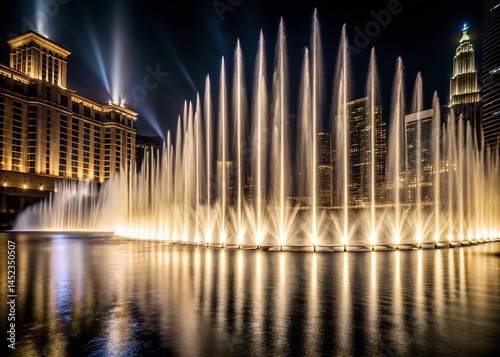 Minimalist Vegas Fountain Show, Bellagio Water Feature, Night Photography