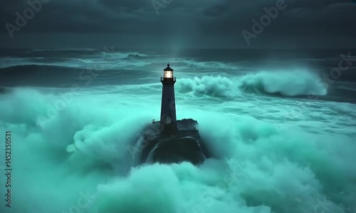 A lighthouse stands resilient amid turbulent, stormy ocean waves.
