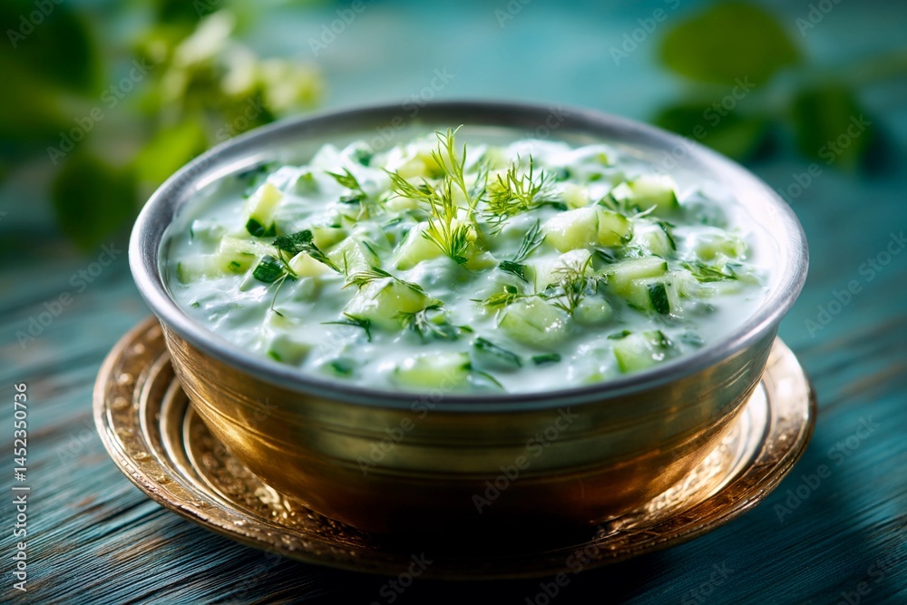 Cucumber yogurt salad is presented in a decorative silver bowl, featuring diced cucumbers and fresh herbs. This refreshing dish is perfect for warm days or as a side dish Cucumber yogurt salad is presented in a decorative silver bowl, featuring diced cucumbers and fresh herbs. This refreshing dish is perfect for warm days or as a side dish
