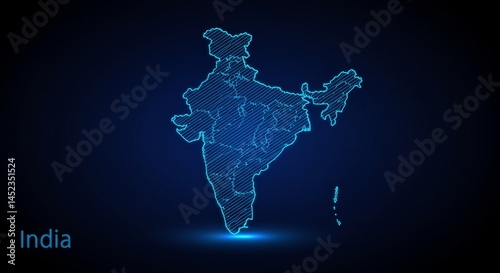 Futuristic Glowing Line Art Representation of the India Map on Dark Gradient