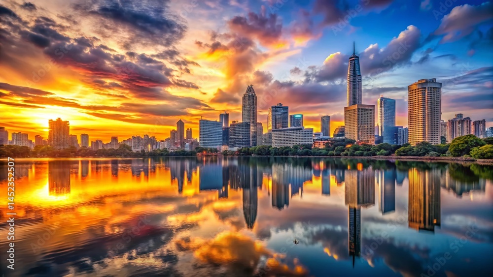 Modern City Skyline Sunset Reflection Lake - Vibrant Evening Cityscape Modern City Skyline Sunset Reflection Lake - Vibrant Evening Cityscape