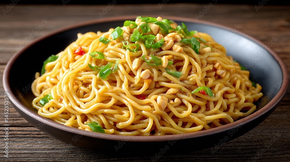 A serving of spicy Szechuan dan dan noodles with crushed peanuts on a dark plate under moody lighting with blank area for copy A serving of spicy Szechuan dan dan noodles with crushed peanuts on a dark plate under moody lighting with blank area for copy