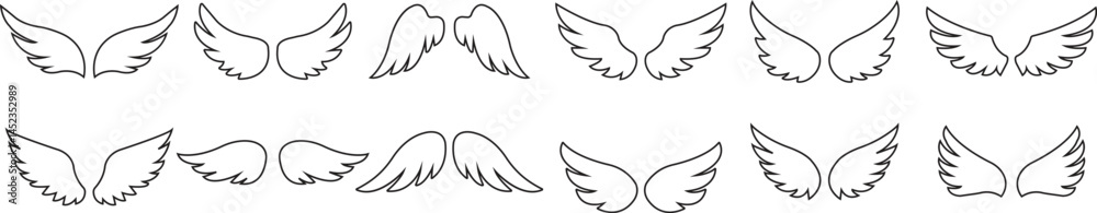 Obraz premium set of Wings with long feather. Angel or bird wing line. Aviation pilot patch badge. Heraldic vintage army insignia emblem falcon phoenix hawk. Flying winged frame. Biker logo stencil stamp.