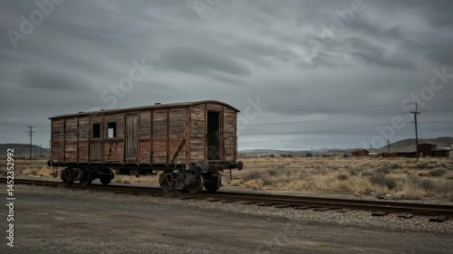 Old Wooden Train Car on Desert Railroad Tracks