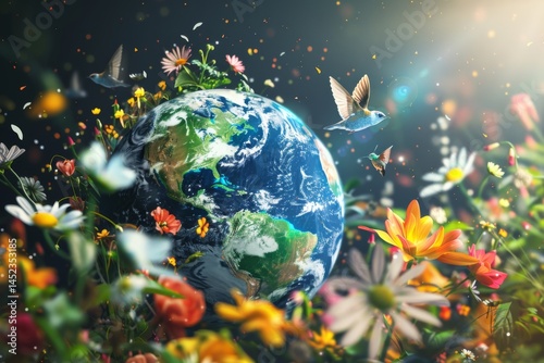 Earth in bloom with soaring birds