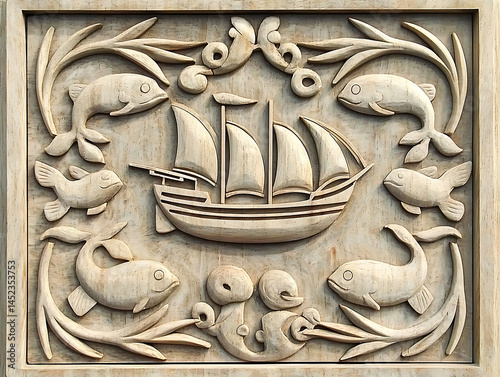Stone Carving Ship  Fish Relief.