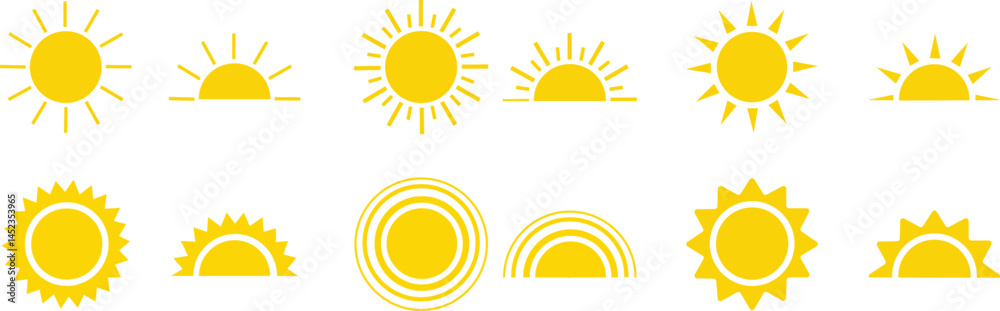 Yellow sun icons set, sunshine and solar glow, sunrise or sunset. Decorative circle full and half suns and sunlight collection. Hot solar energy for tan.