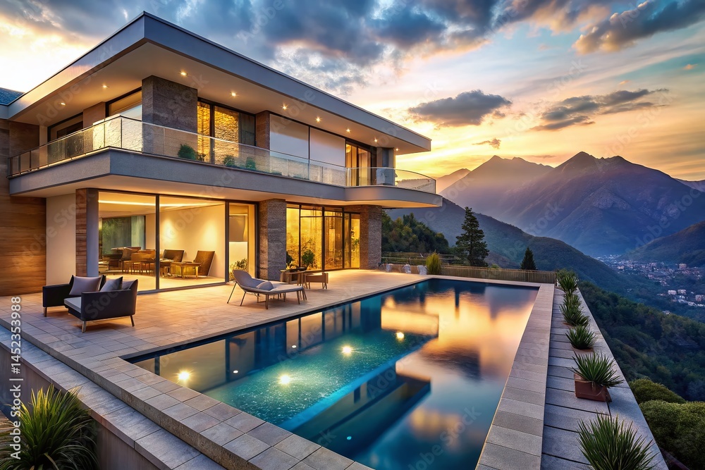 Fototapeta premium Modern Luxury Villa Dusk Mountain View Swimming Pool Architectural Photography