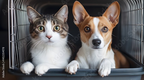 Cat and Dog in a Pet Carrier: A cat and dog sitting together in a pet carrier, looking out curiously.
